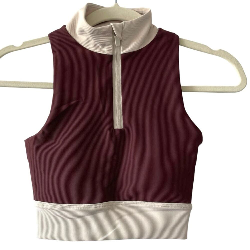 Wilo Ribbed Activewear Crop Top | Burgundy & Cream | XS Sleeveless Zip